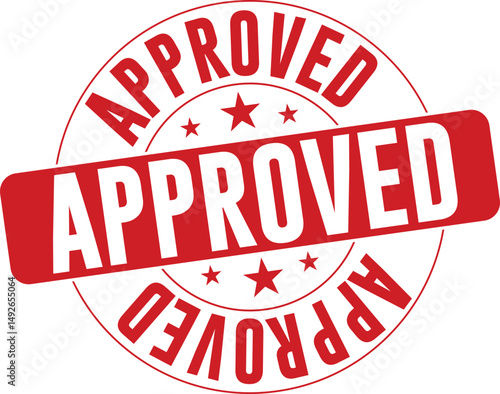  Red Approved Stamp Badge Design with Stars – Bold Rubber Stamp Style Approval Icon for Business Documents, Official Certifications, and Verified Labels