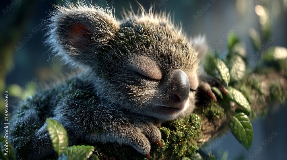 Obraz premium Cute koala joey sleeping in a tree