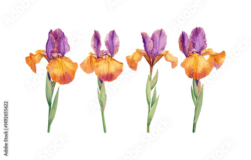 Set of Iris sanguinea, isolated cutout, frontal close-up, vector illustration, wildflower, natural plant, garden flower, floral decoration, spring blossom, meadow flowers.