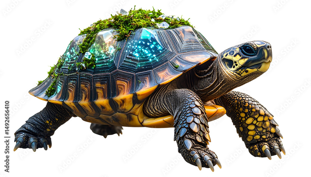 Fototapeta premium Fantasy-style turtle with a moss-covered shell embedded with crystals and bioluminescent patterns