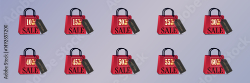 Red Shopping Bag Sale Icons with Discount Labels from 10% to 60% Off and “Hot Deal”