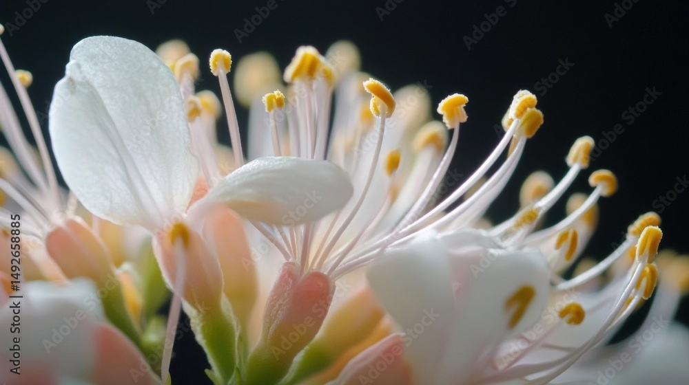 Fototapeta premium Close-up of a group of white flowers with yellow stamens. the flowers are arranged in a cluster, with some overlapping each other.