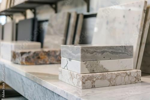 Wallpaper Mural A collection of marble slabs in diverse shades and patterns is artistically arranged on a display table at a stone supplier showroom Torontodigital.ca