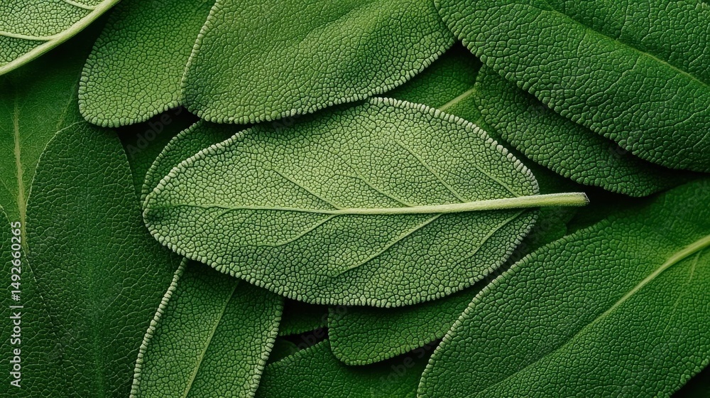 Obraz premium Close-up of a group of green leaves. the leaves are arranged in a scattered manner, with some overlapping each other. the texture of the leaves is rough and bumpy, with deep grooves and ridges.