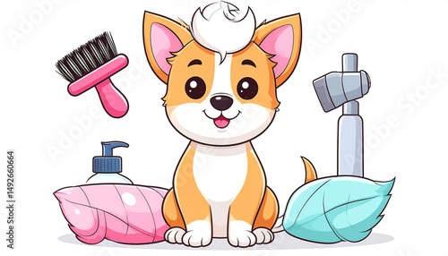 A cheerful cartoon corgi sits amidst grooming tools a brush, hairdryer, shampoo bottle, and leaf-shaped items, suggesting pet care and pampering