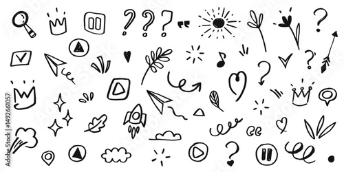 Hand drawn set elements, doodle lines, abstract arrows, hearts and other elements in a hand drawn style for concept designs. Scribble illustration. Vector illustration