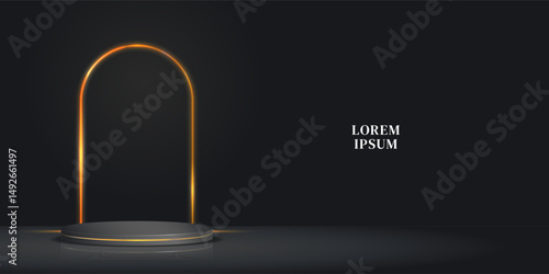 Black 3D background with a cylindrical podium and a glowing arch behind it.