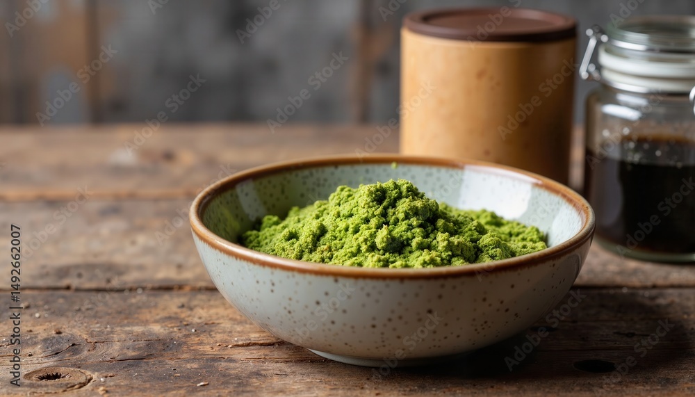 Matcha powder in a rustic bowl with a wooden container and jar on a weathered wooden surface Matcha powder in a rustic bowl with a wooden container and jar on a weathered wooden surface