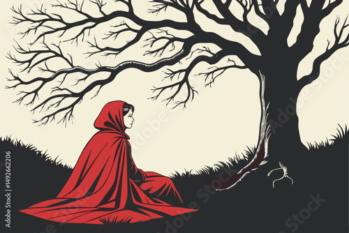 32 a woman sitting in a red cloak in front of a bare tree, dark moody atmosphere, dramatic lighting, cinematic, digital art, highly detailed, intricate detail, high resolution