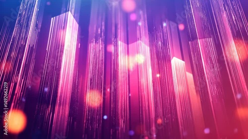 Abstract cityscape at night, glowing pink and purple skyscrapers, bokeh effect