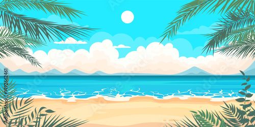 Cartoon beach scene with ocean view with clouds and tropical plants.