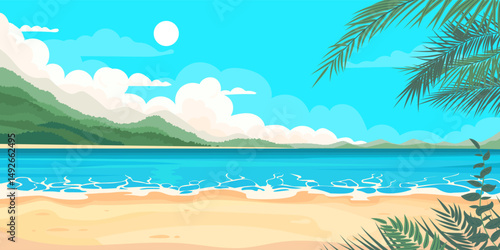 Cartoon, beach landscape with a view of an island with tropical plants.