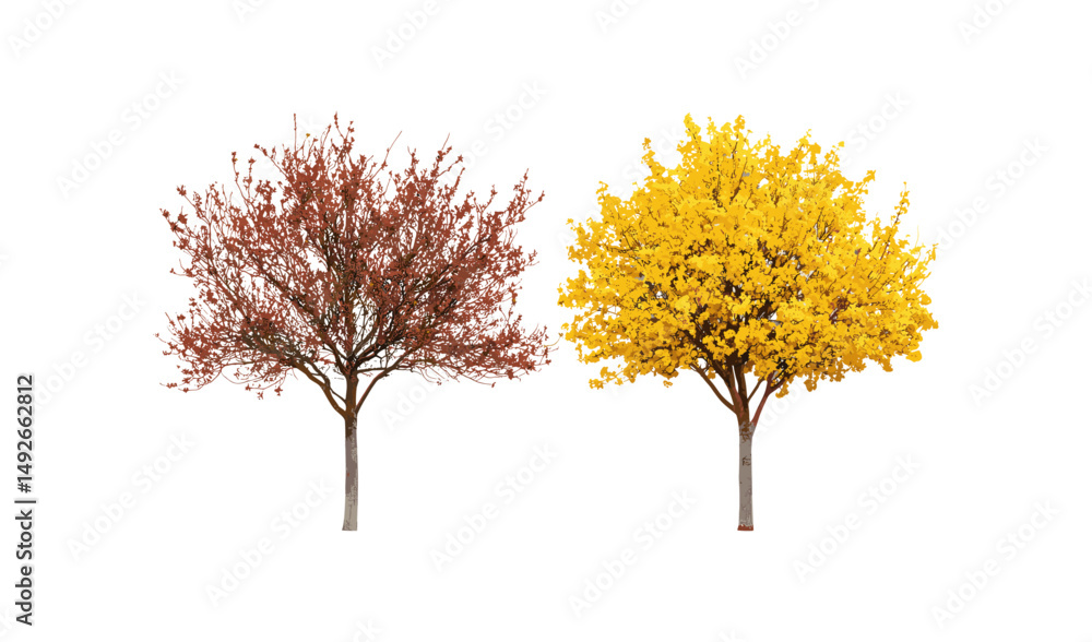 Fototapeta premium Hamamelis virginiana and Ostrya virginiana frontal set, street trees with cutout, urban forestry, ecological greenery, hardwood species, seasonal foliage, vector illustration.