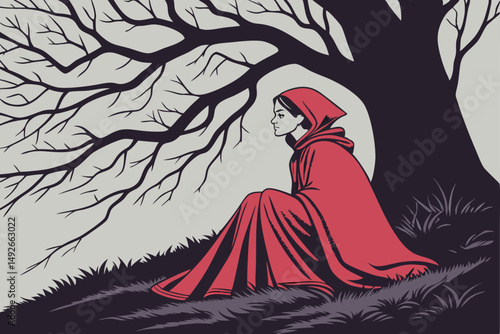 32 a woman sitting in a red cloak in front of a bare tree, dark moody atmosphere, dramatic lighting, cinematic, digital art, highly detailed, intricate detail, high resolution