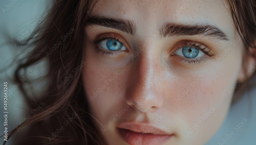 A beautiful woman gazes directly at the viewer, showcasing her vivid blue eyes and well-defined brown eyebrows in gentle light Generative AI A beautiful woman gazes directly at the viewer, showcasing her vivid blue eyes and well-defined brown eyebrows in gentle light Generative AI