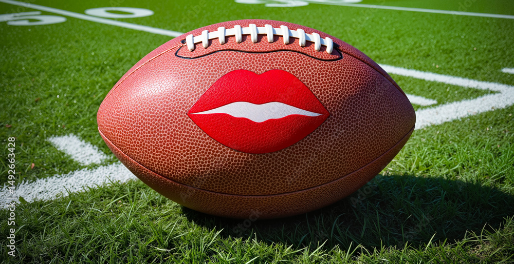 Obraz premium Leather-textured football with red kiss imprint on turf field, concept for World Kiss Day and romantic symbolism in sports