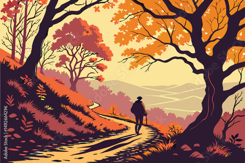33 dramatic autumn landscape with person walking down path, vibrant orange and red foliage, sunbeams and golden light, intricate details, stunning scenic vista, cinematic mood, highly detailed, photor