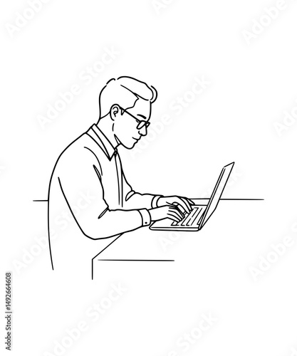 Worker typing on laptop. Man working online 