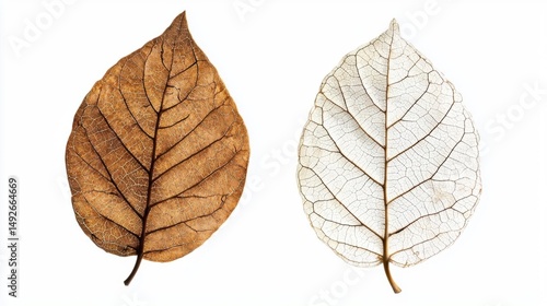 Two leaves side by side. on the left, there is a single leaf with a brownish-brown color and a thin, pointed tip. the leaf appears to be dry and wrinkled, with deep veins running through it.