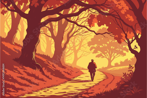 33 dramatic autumn landscape with person walking down path, vibrant orange and red foliage, sunbeams and golden light, intricate details, stunning scenic vista, cinematic mood, highly detailed, photor