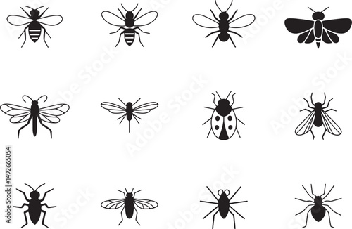 Twelve insect icons black silhouettes collection