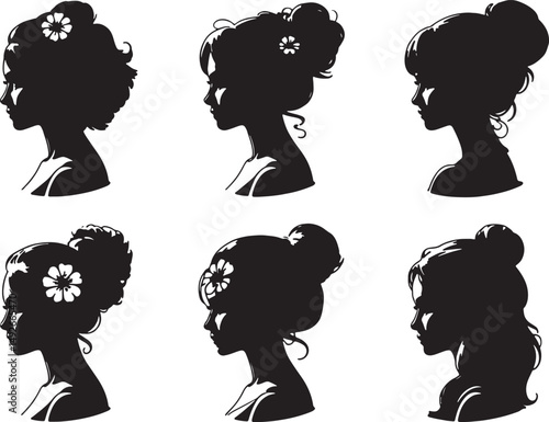 Six silhouettes of women with updo hairstyles and flowers