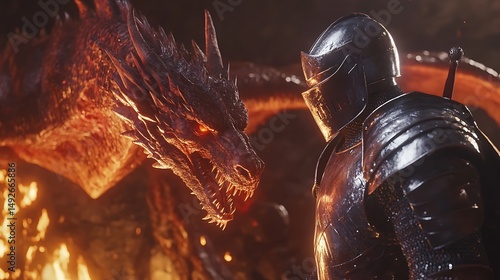 Dragon and knight confrontation