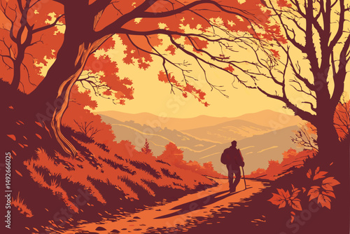 33 dramatic autumn landscape with person walking down path, vibrant orange and red foliage, sunbeams and golden light, intricate details, stunning scenic vista, cinematic mood, highly detailed, photor