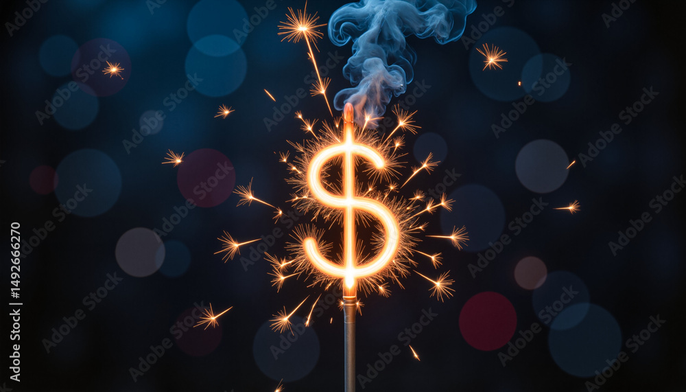 Naklejka premium Glowing Dollar Sign Made of Sparkler Trails, U.S. Independence Day and Financial Symbolism in Investment Imagery