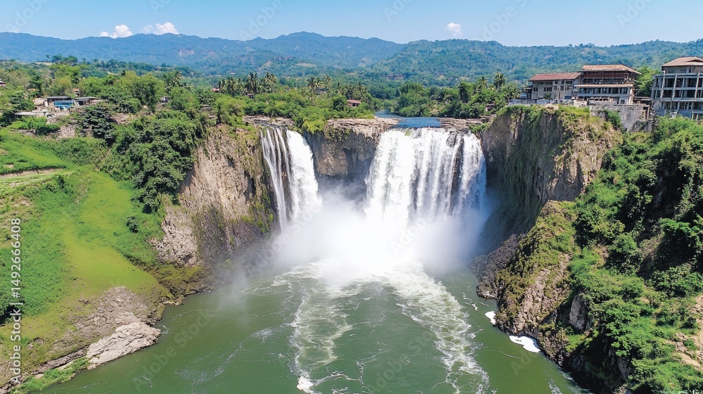 Fototapeta premium Majestic Waterfall Cascading Down Rocky Cliffs in Lush Green Landscape