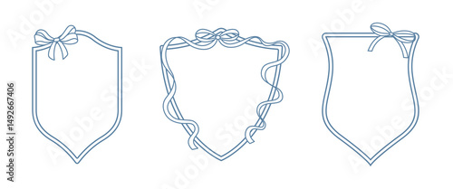 Wedding crests on white background. Minimalist outline of a shield with ribbon and bow monogram. Line art for wedding, monogram, invitation, greeting, logo, birthday cards