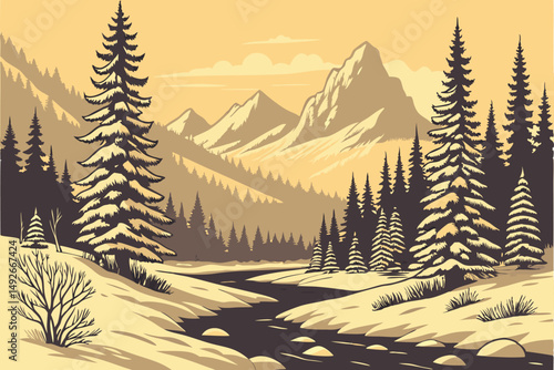 34 wintry landscape, snow-covered stream, pine trees, mountains in background, warm sunset lighting, serene atmosphere, detailed realistic landscape, photorealistic style, award-winning photograph