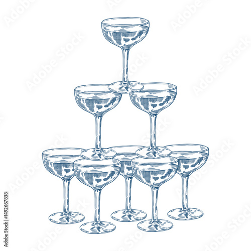 Toile de Jouy inspired wedding champagne tower timeline illustration. Wedding hand dawn ceremony icon. Elegant line art minimalist venue sketch. Elements for wedding, monogram, invitation, greeting