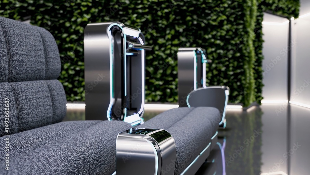 Fototapeta premium Luxurious furniture with glowing details complements a vertical garden in a modern living room, creating a relaxing and futuristic atmosphere