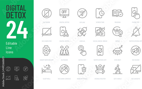 Digital Detox Line Editable Icons set. Vector illustration in modern thin line style of healthy lifestyle related icons: no phone, no computer, no social media, and more. 