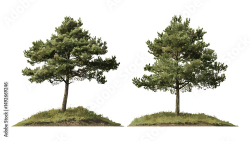 Pinus radiata and muricata tree isolated cutout, vector illustration, forest plants, conifer species, evergreen foliage, natural environment, botanical elements, woodland flora.
