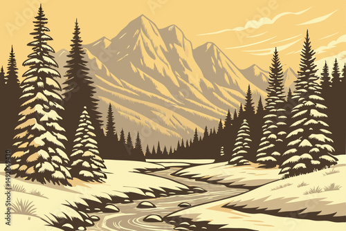 34 wintry landscape, snow-covered stream, pine trees, mountains in background, warm sunset lighting, serene atmosphere, detailed realistic landscape, photorealistic style, award-winning photograph