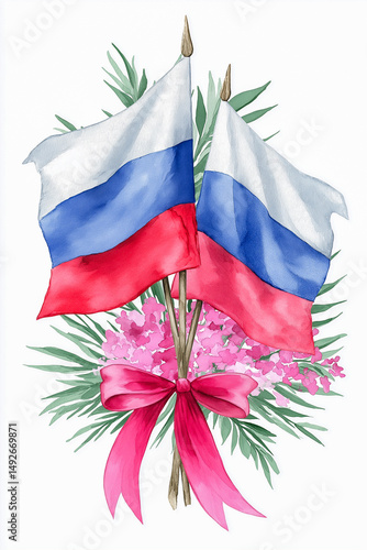 Crossed flags representing Russia, embellished with a blue ribbon, evoke feelings of national pride and unity, ideal for festive occasions and cultural celebrations photo