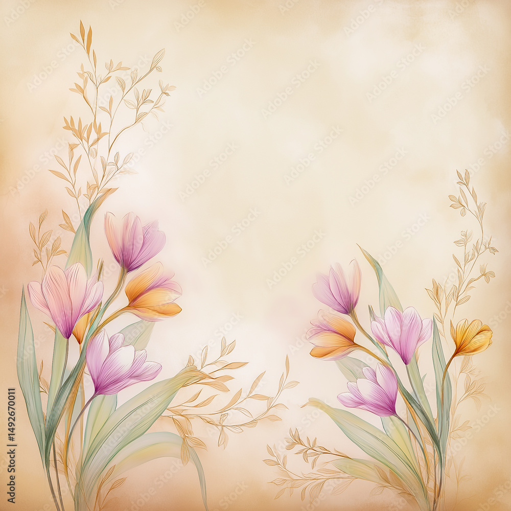 Obraz premium Floral illustration showcases vibrant pink and yellow flowers with lush green leaves against a warm beige backdrop, ideal for creative projects and designs
