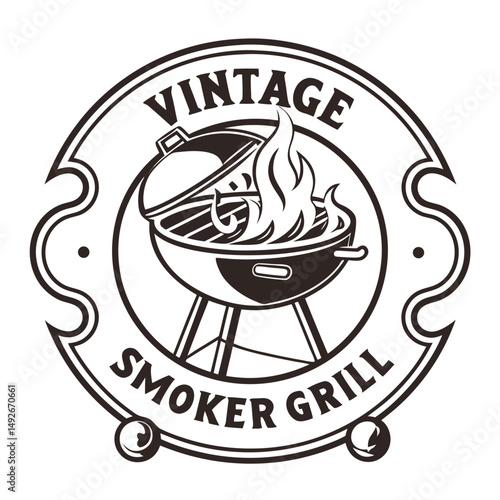 Vintage smoker grill logo, flames rising, bold masculine typography
