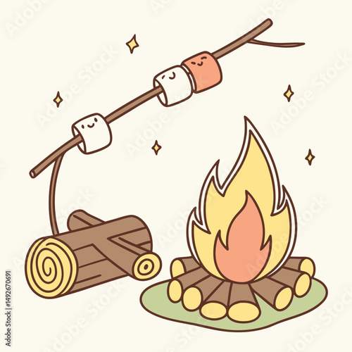 Cute grill cartoon, marshmallow roasting, campfire vibes vector style