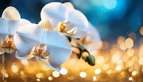 white orchid flowers with blurred blue and gold background