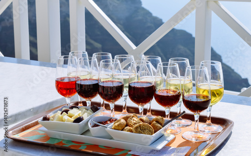 Quality wine and snacks from Santo Wines winery in Santorini Island, Greece