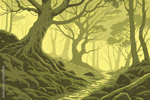 35 intricate, lush, verdant moss-covered forest floor, towering ancient tree with massive gnarled roots, beams of warm, golden light piercing through the canopy, atmospheric, ethereal, serene, dreamli