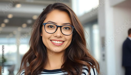 A young woman with long, wavy hair, wearing glasses and a striped shirt, smiling confidently in a bright, modern interior setting with soft natural light.