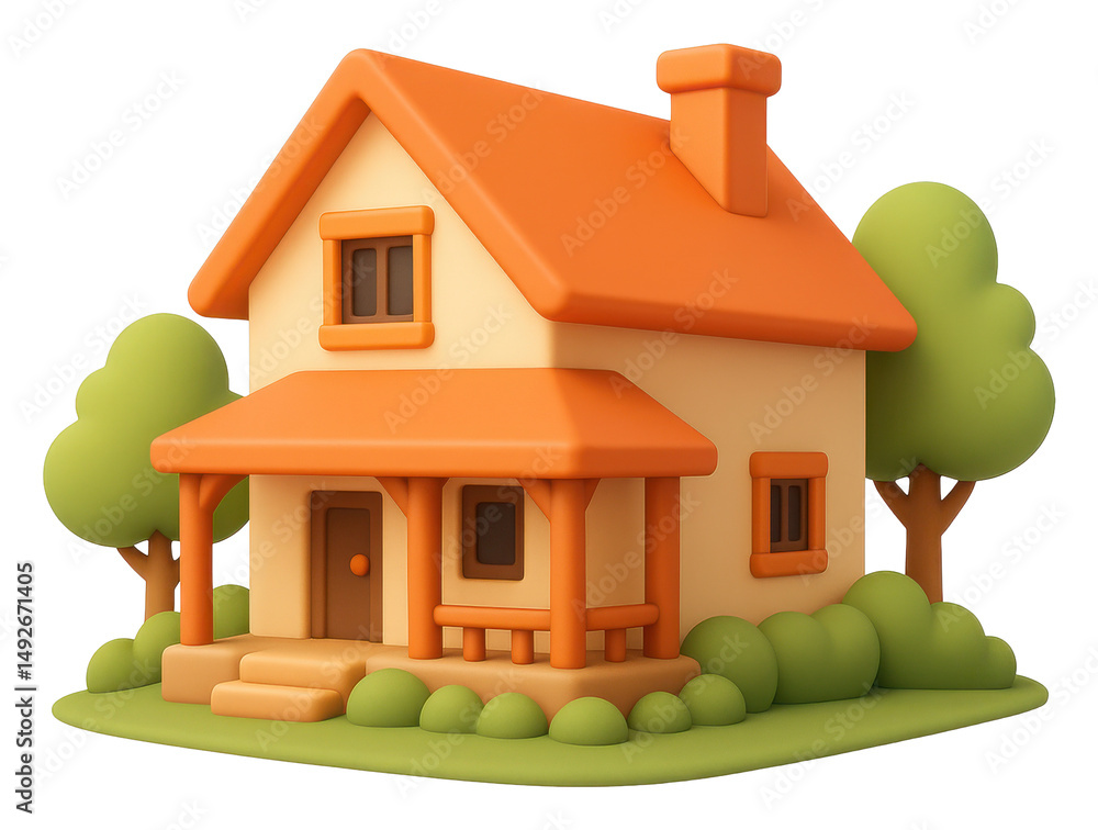 Cartoon 3D Illustration of a Cute Orange and Beige House with Green Trees Cartoon 3D Illustration of a Cute Orange and Beige House with Green Trees