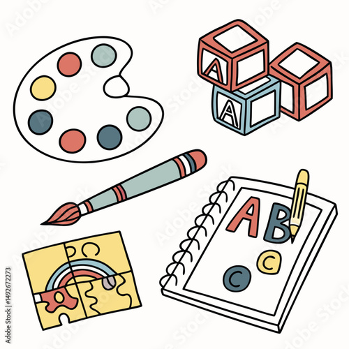 Playful kindergarten icons: paint, puzzle, toy blocks, ABC letters, crayons, sketchpad