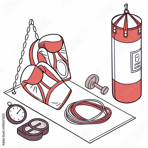 Boxing gloves, punching bag, jump rope, sports drink, mouthguard