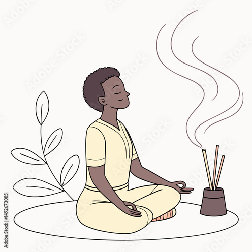 Meditation, lotus pose, incense, calm face, breathing exercise