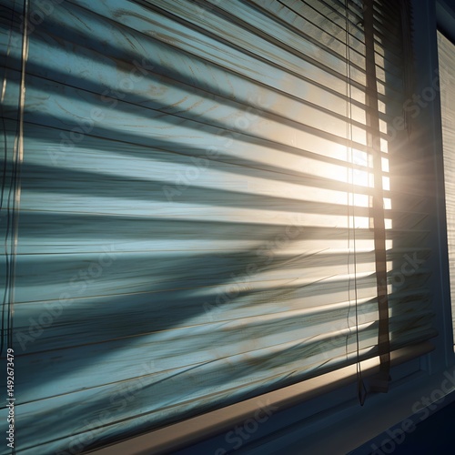 Window with morning sunlight streaming through the blinds. dust particle effect Volumetric light Hyper-realistic photography.
